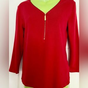 Rafaella deep red soft cotton dress blouse, gold front accent zipper, size Small